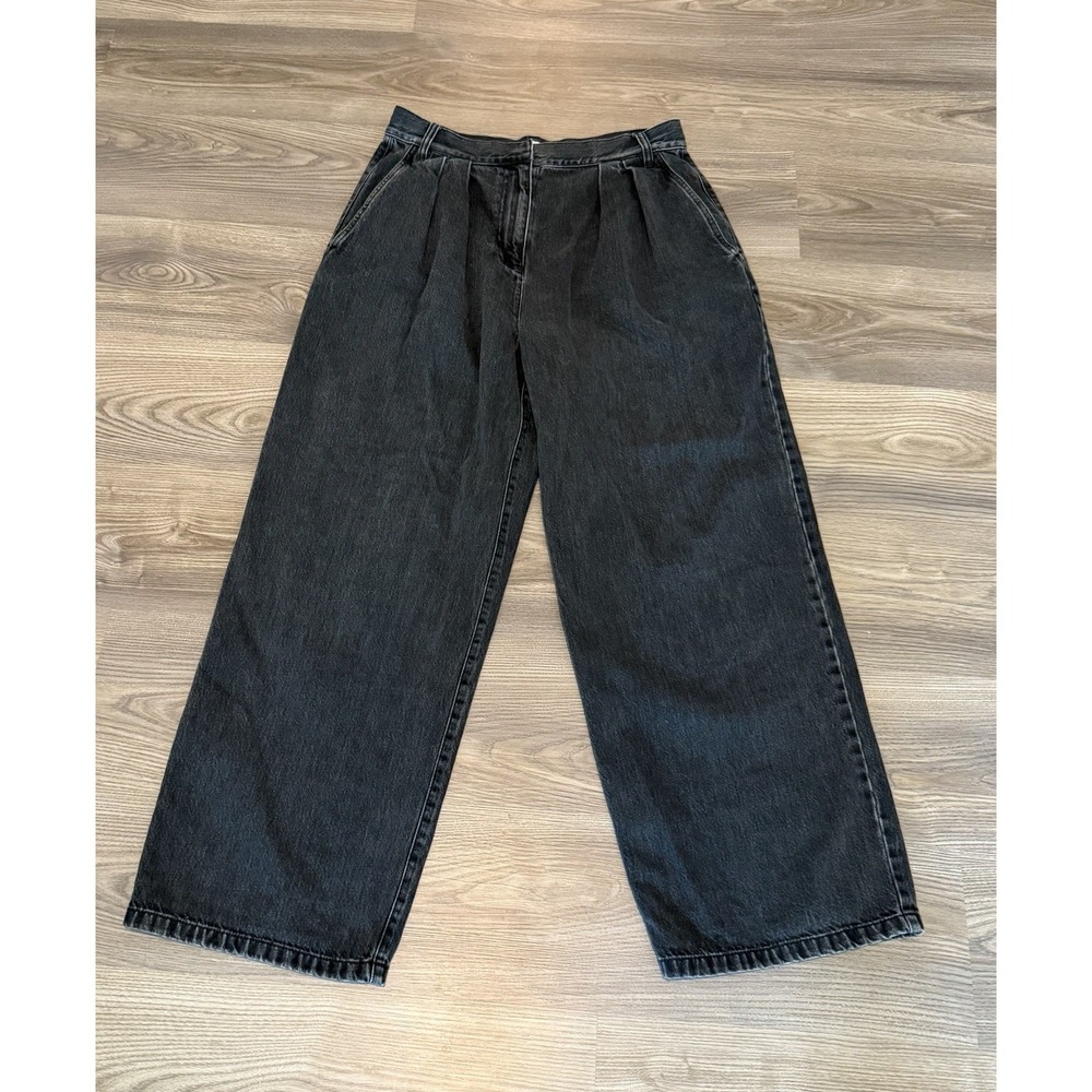 Tibi High Rise Wide Leg Jean in Washed Black Women's size 28 Cotton Pleated